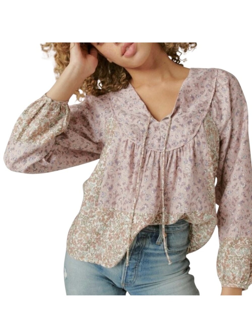 Lucky Brand Mixed Floral Patchwork Peasant Blouse M Cotton Modal Boho Pink